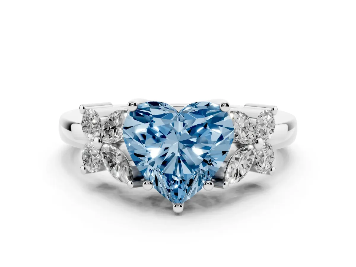 Fancy Blue Heart Cut Diamond Floral Cluster Ring with Solitaire Band and Prong Setting Platinum