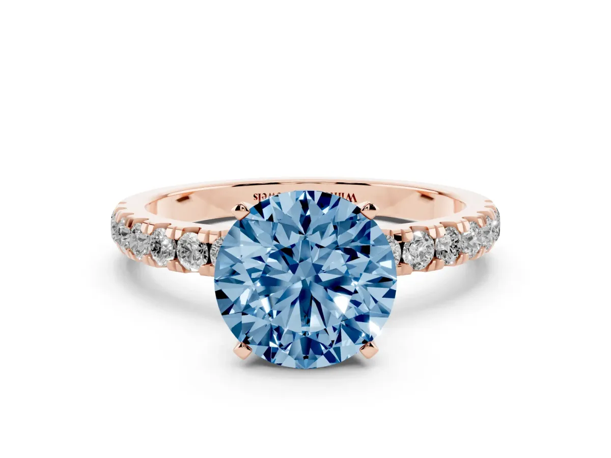 Fancy Blue Round Cut Diamond Solitaire Ring with Pavé Accents and Four-Prong Setting Rose gold