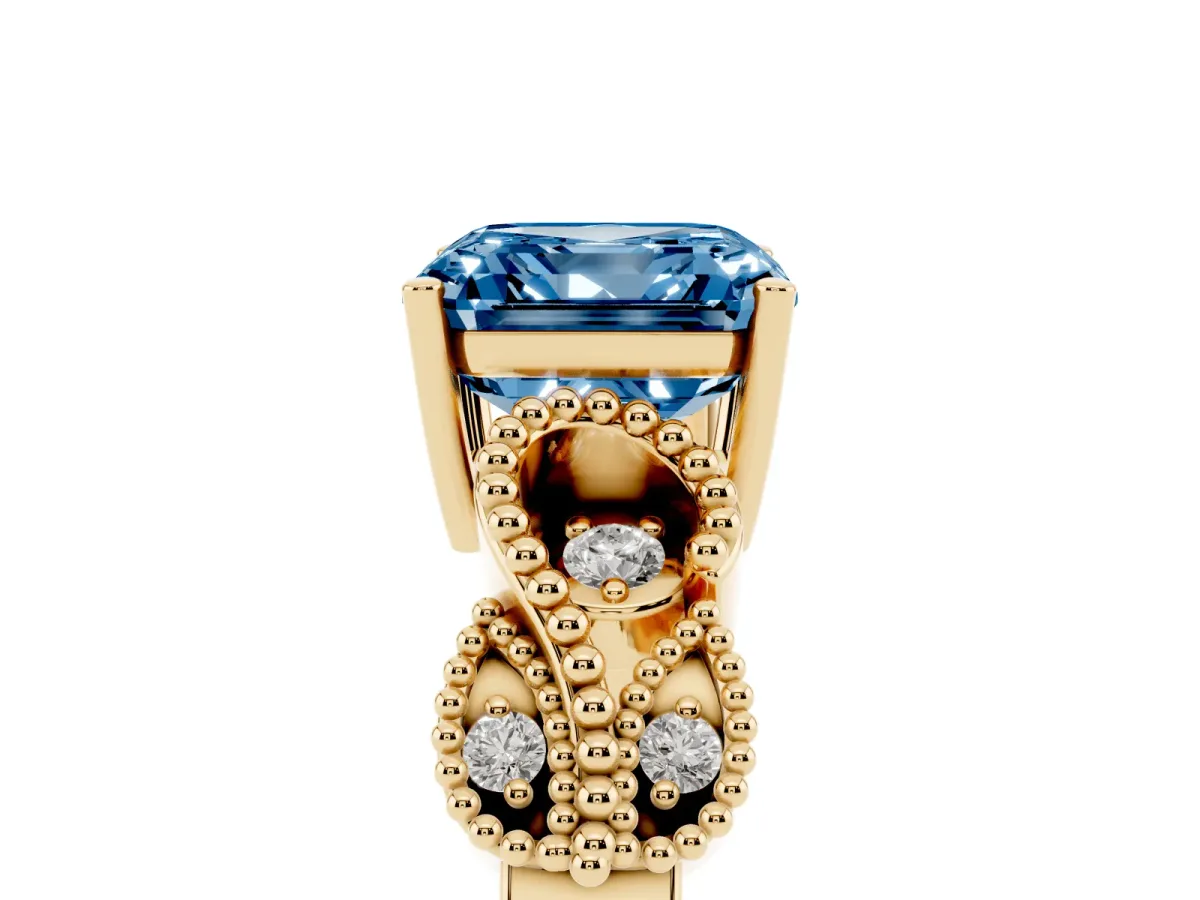 Fancy Blue Asscher Cut Solitaire Milgrain Leaf Band with Prong Setting Yellow gold