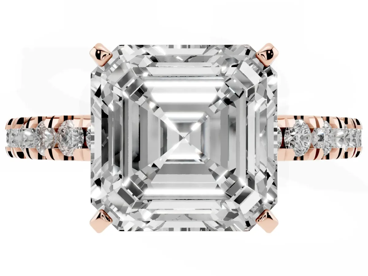 Asscher Cut Solitaire Diamond with Pavé Band and Four-Prong Setting Rose gold
