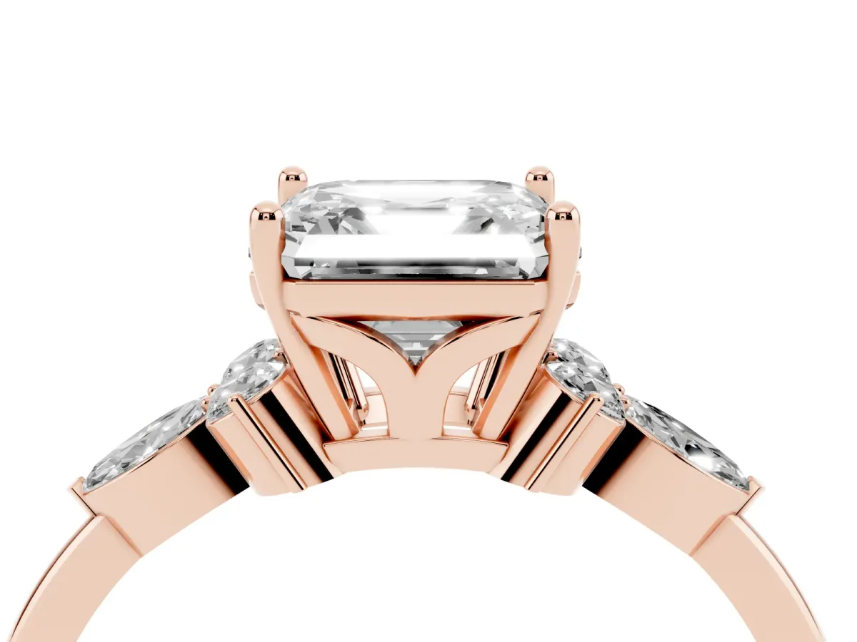 Asscher Cut Brilliant Diamond Solitaire Ring with Pear Side Stones and Four-Prong Setting Rose gold