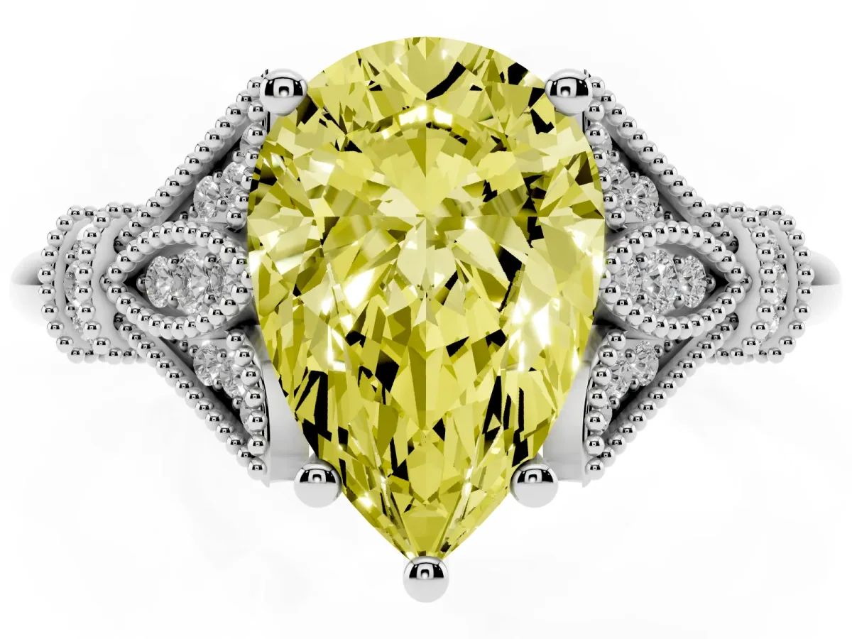 Fancy Yellow Pear Cut Diamond Solitaire Ring with Floral Filigree and Pave Accents Platinum