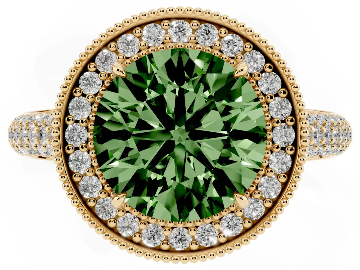 Fancy Green Round Cut Cut Halo Diamond Pave Band with Four-Prong Setting Yellow gold