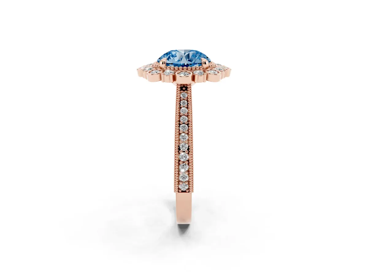 Fancy Blue Round Cut Halo Milgrain Pave Diamond Ring with Four-Prong Setting Rose gold