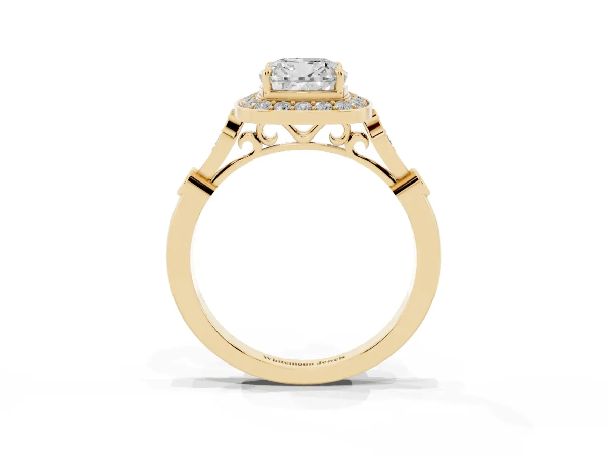 Cushion Cut Halo Diamond Engagement Ring with Twisted Band and Four-Prong Setting Yellow gold