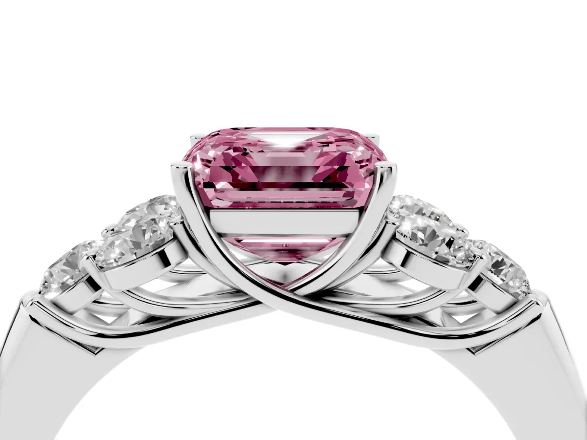 Fancy Pink Asscher Cut Cut Diamond Cluster Ring with Round Accent Stones and Prong Setting on a Classic Band White gold