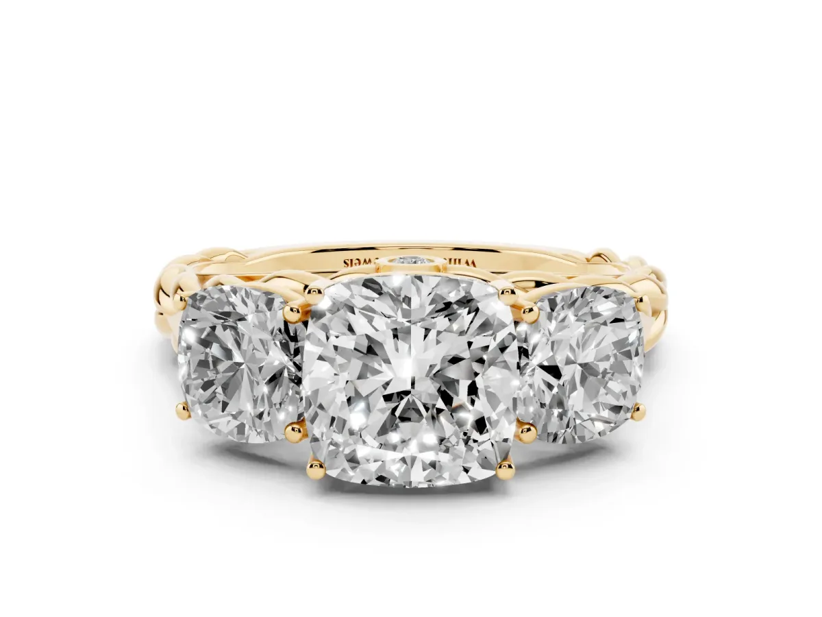 Three-Stone Cushion Cut Diamond Braided Band Ring with Four-Prong Setting Yellow gold