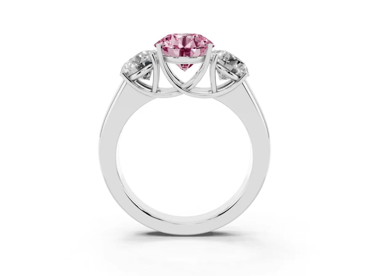 Fancy Pink Three-Stone Round Cut Cut Diamond Ring with Prong Setting and Classic Band Platinum