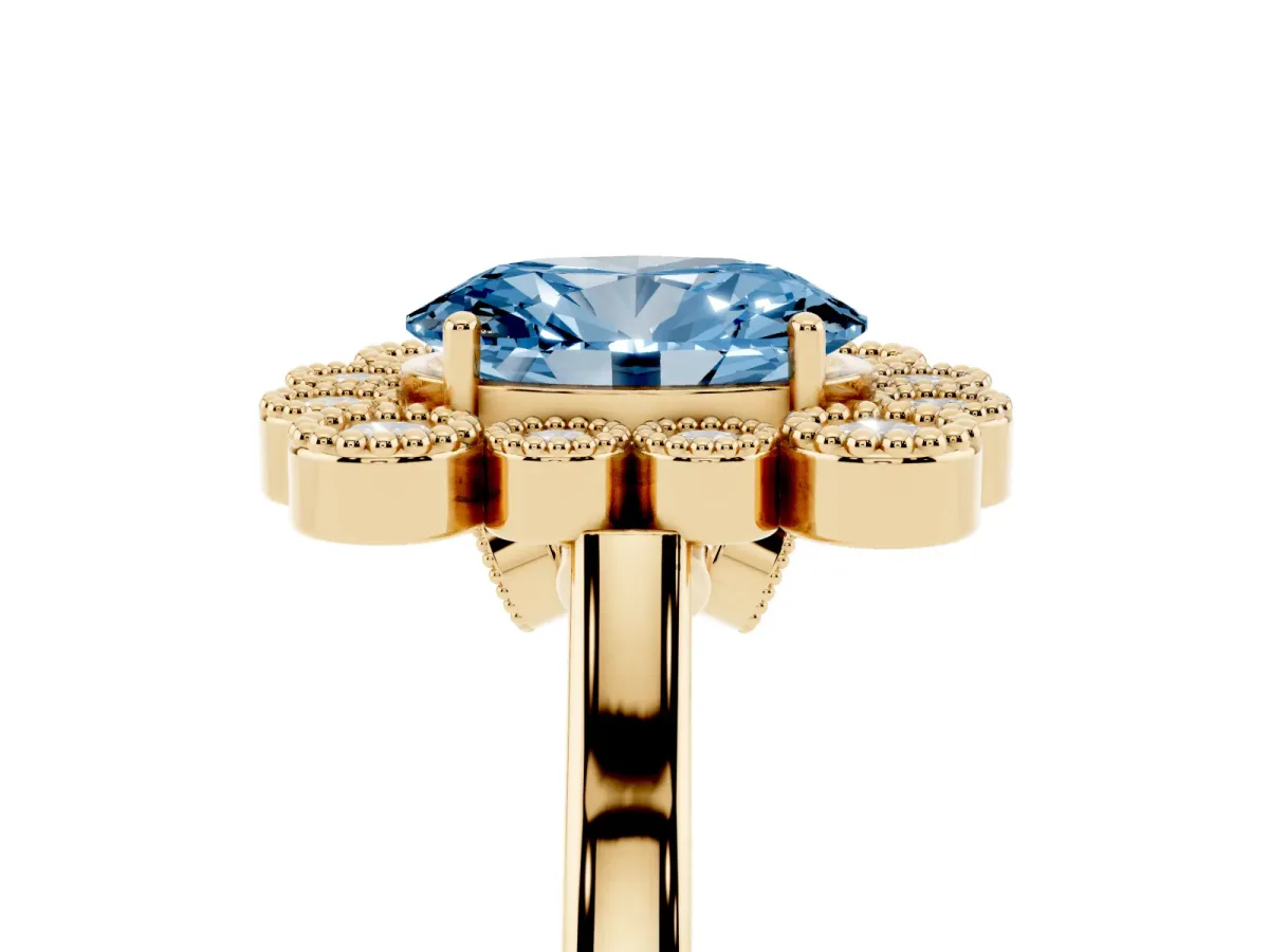 Fancy Blue Oval Cut Halo Diamond Cluster Engagement Ring with Milgrain Bezel Setting and Solitaire Band Yellow gold