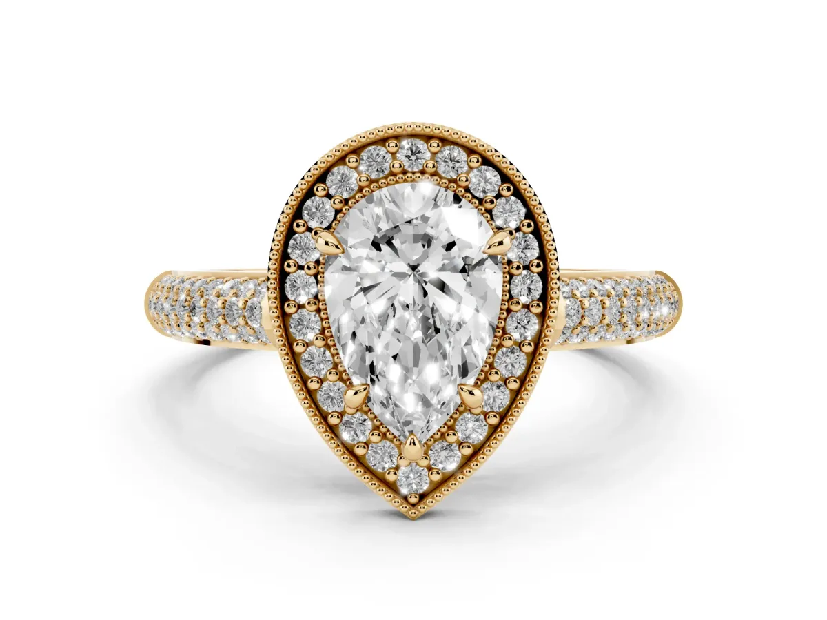 Pear Cut Cut Halo Diamond Pave Band with Four-Prong Setting Yellow gold