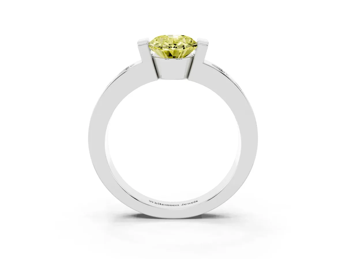 Fancy Yellow Oval Cut Brilliant Channel-Set Diamond Ring with Bezel Prong Setting Silver