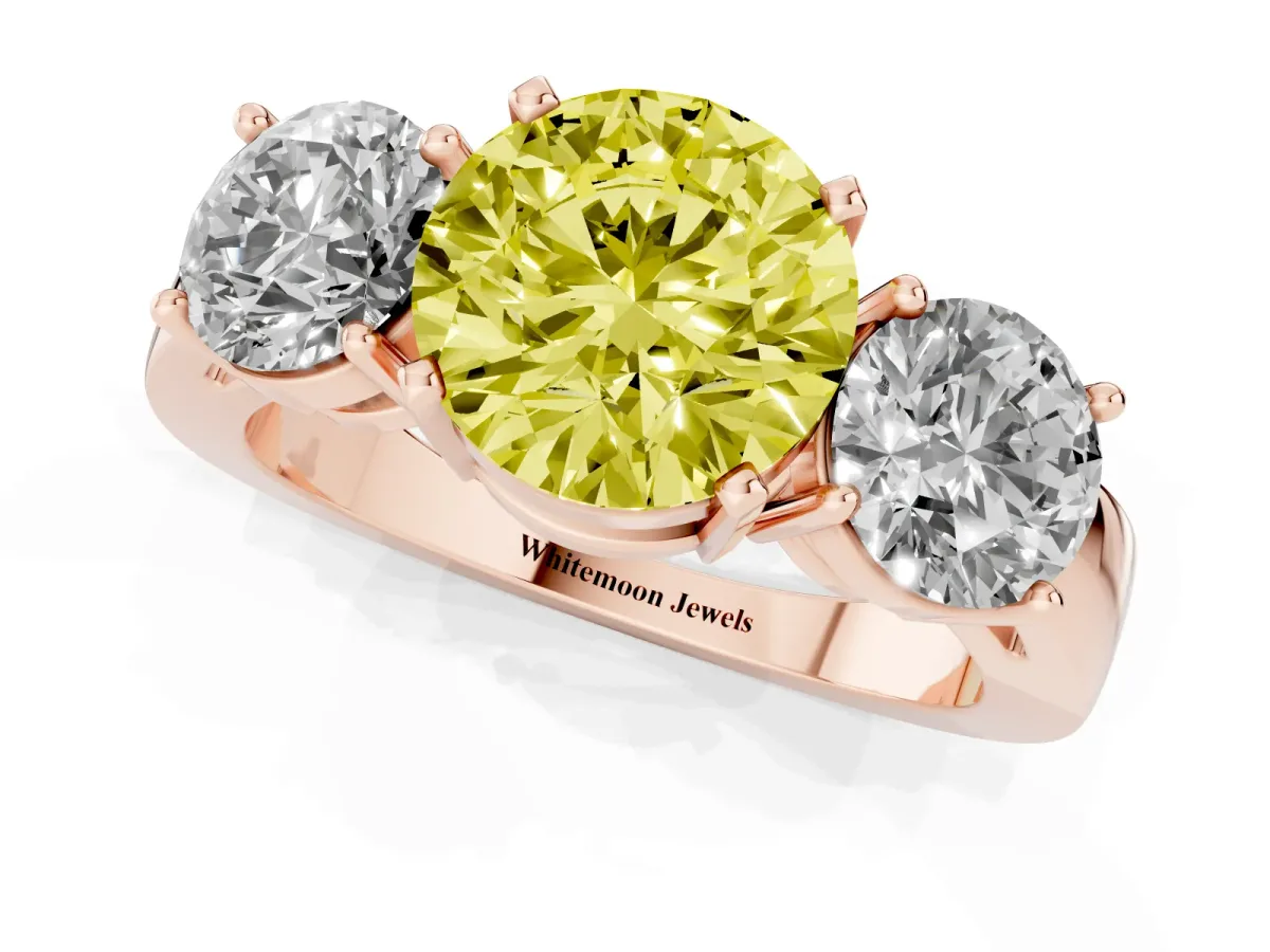 Fancy Yellow Three-Stone Round Cut Diamond Ring with Round Side Stones, Classic Band, and Four-Prong Setting Rose gold
