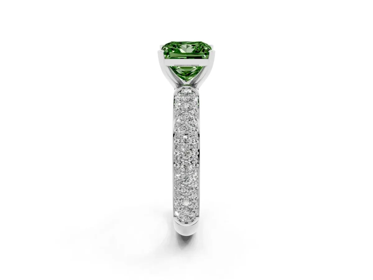 Fancy Green Princess Cut Diamond Solitaire Ring with Prong Setting and Pavé Band Silver