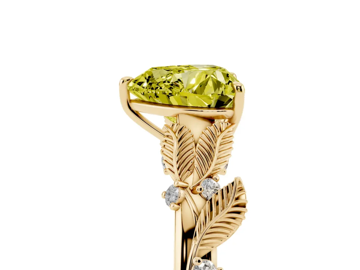 Fancy Yellow Heart Cut Diamond Solitaire Ring with Leaf Motif Band and Four-Prong Setting Yellow gold