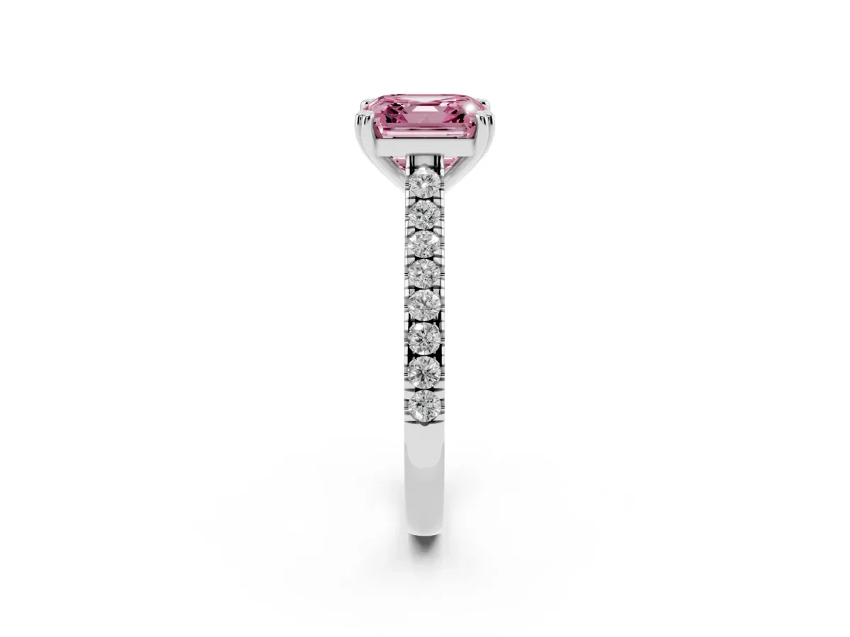 Fancy Pink Asscher Cut Solitaire Pave Diamond Engagement Ring with Prong Setting Silver