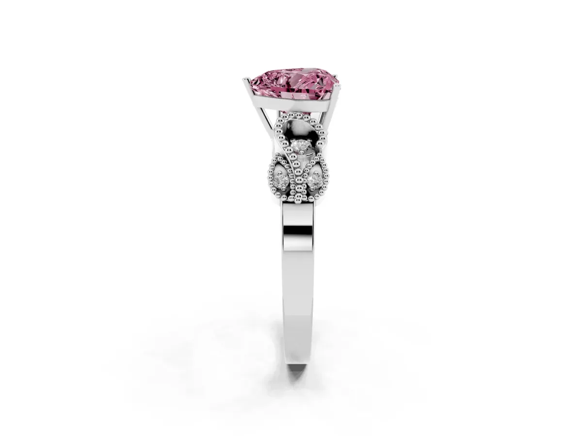 Fancy Pink Heart Cut Solitaire Milgrain Leaf Band with Prong Setting Silver