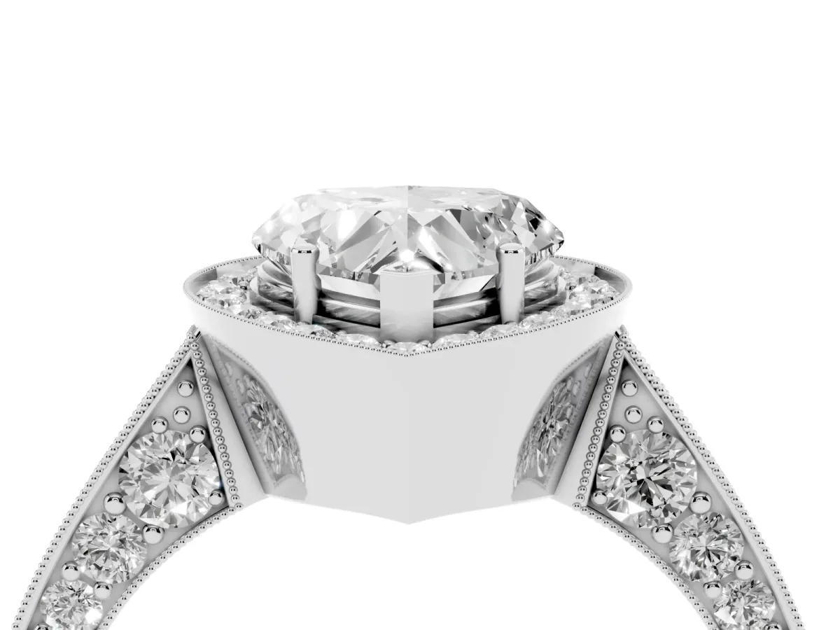 Heart Cut Halo Diamond Engagement Ring with Split Shank Band and Four-Prong Setting Silver