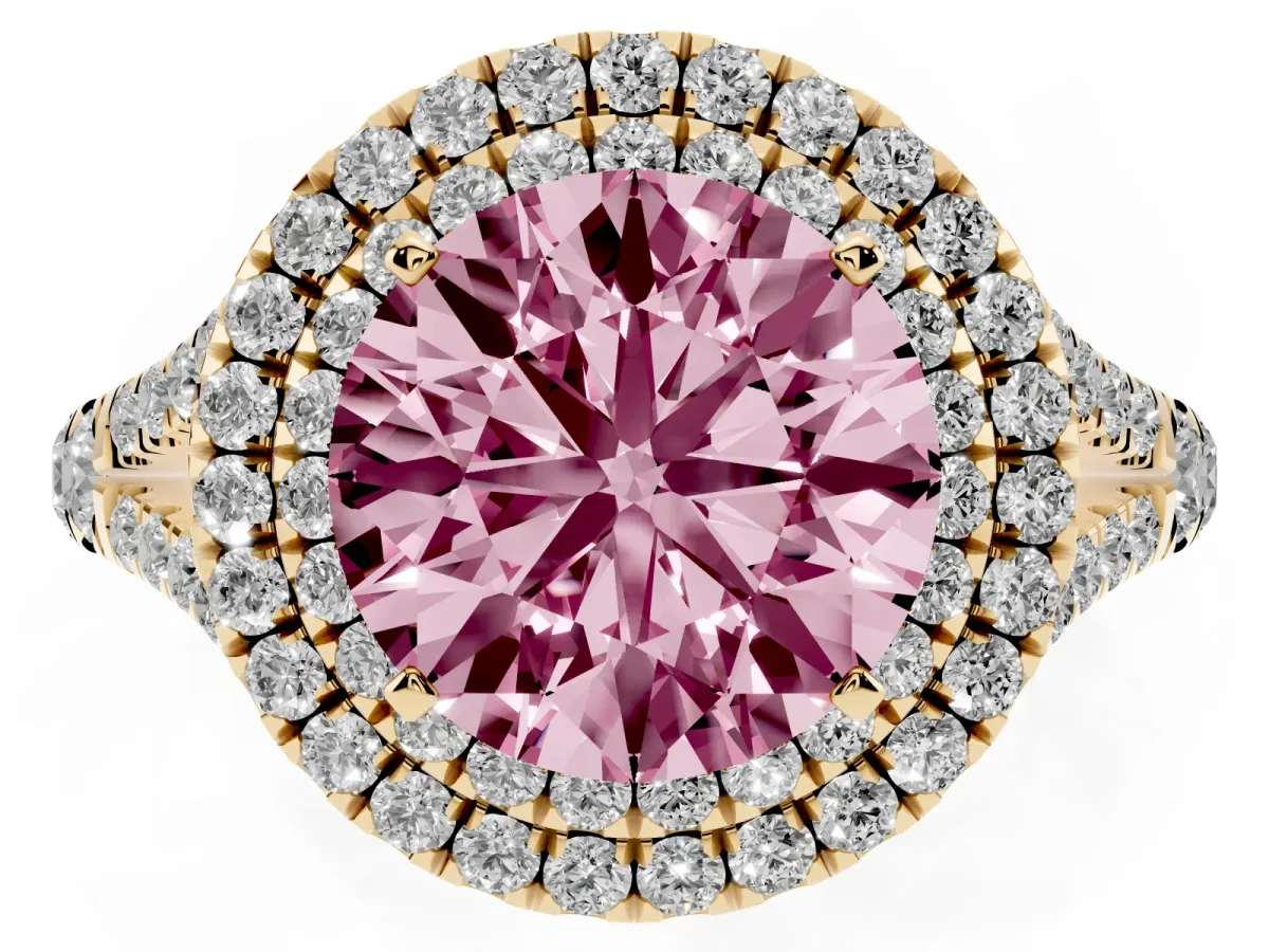 Fancy Pink Round Cut Diamond Pavé Split Shank Double Halo Engagement Ring Yellow gold