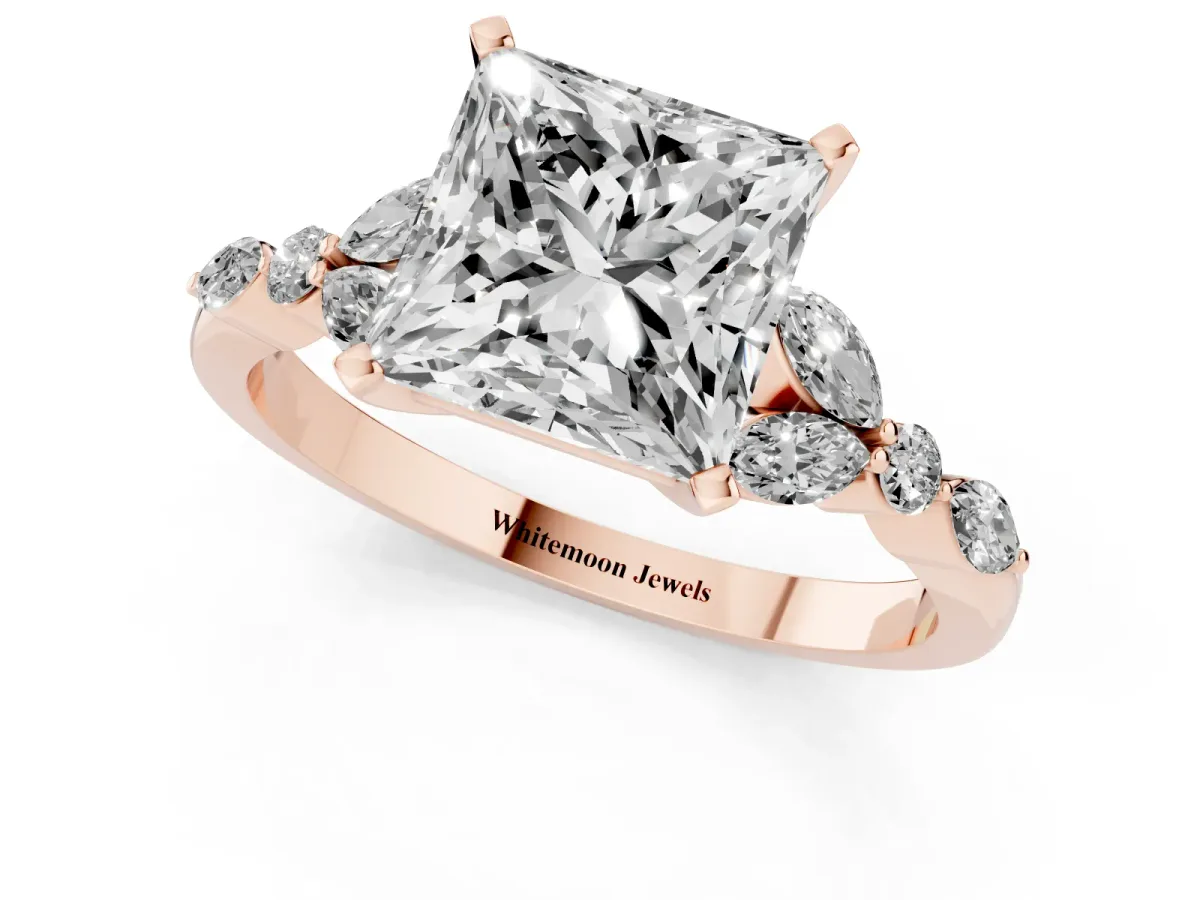 Princess Cut Diamond Solitaire Ring with Side Stones and Four-Prong Setting Rose gold