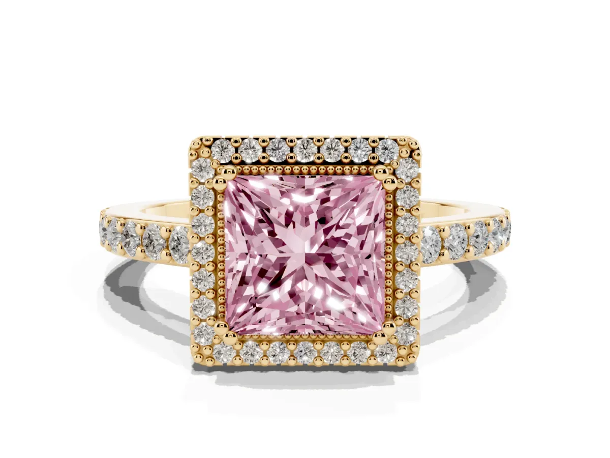 Fancy Pink Princess Cut Cut Diamond Halo Engagement Ring with Milgrain Detail and Pavé Band Yellow gold