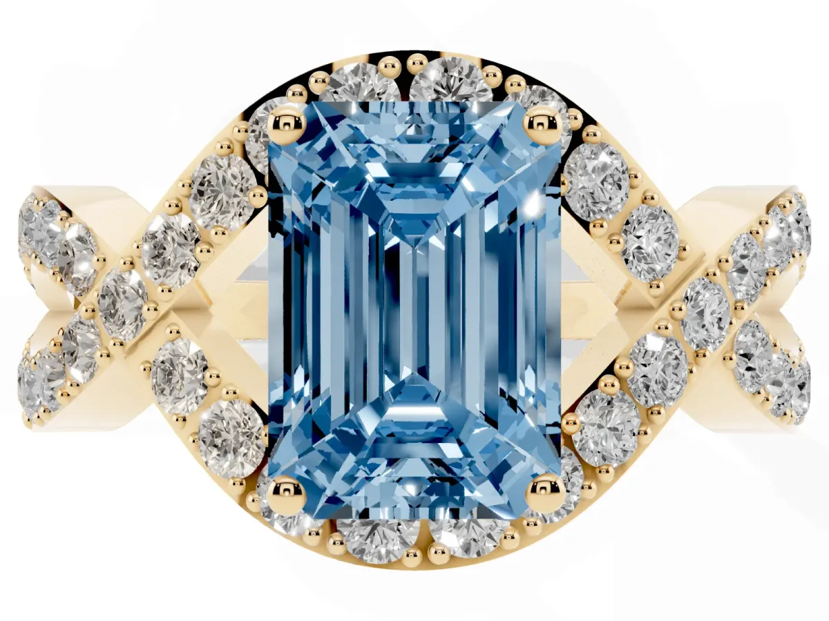 Fancy Blue Emerald Cut Solitaire Twist Band Pavé Diamond Engagement Ring Yellow gold