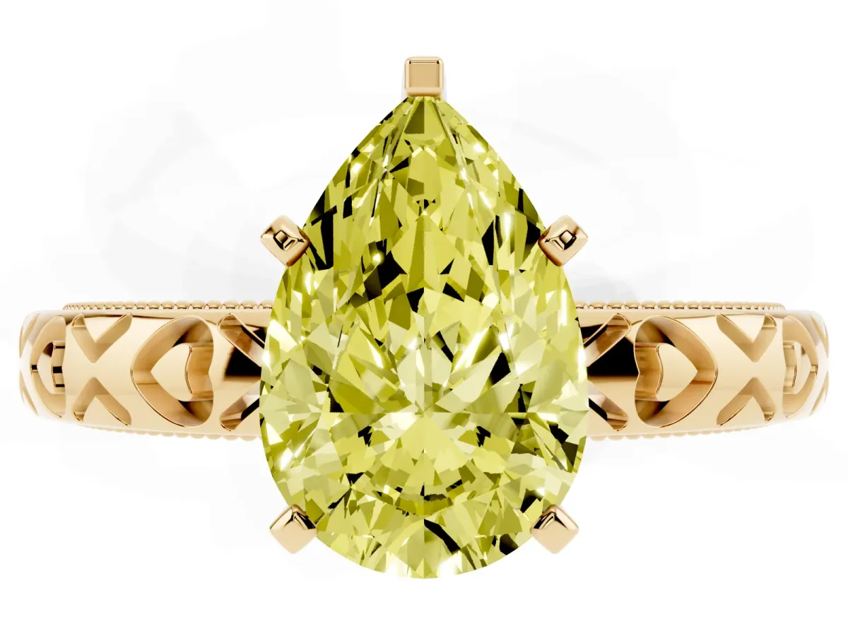 Fancy Yellow Pear Cut Solitaire Diamond Engagement Ring with XO Engraved Band and Four-Prong Setting Yellow gold