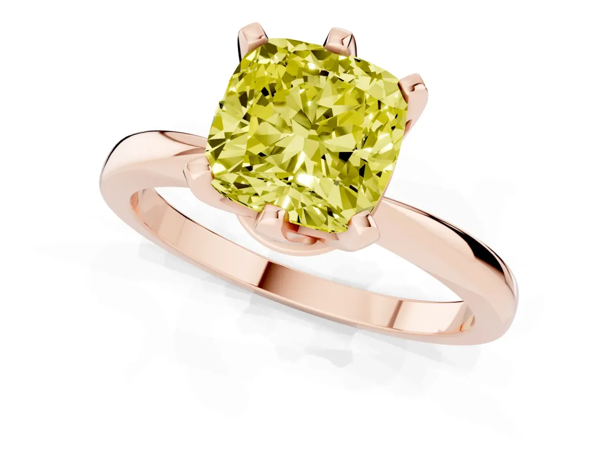 Fancy Yellow Cushion Cut Solitaire Engagement Ring with Six-Prong Setting and Tapered Band Rose gold