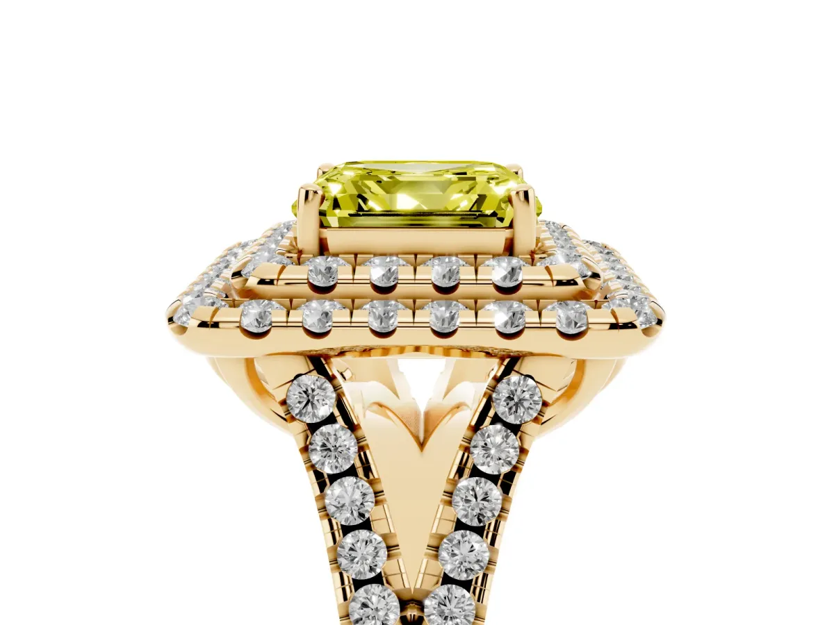 Fancy Yellow Double Halo Asscher Cut Diamond Pavé Split Shank Ring with Prong Setting Yellow gold