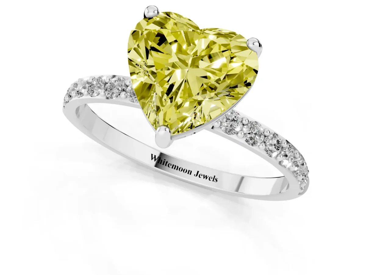 Fancy Yellow Heart Cut Diamond Solitaire Ring with Round Pavé Band and Prong Setting Silver