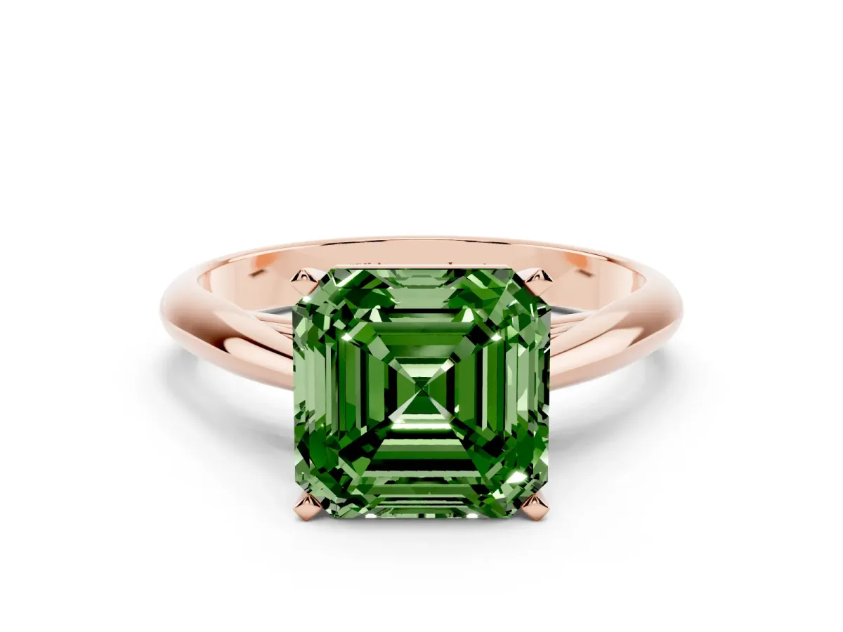 Fancy Green Asscher Cut Diamond Solitaire Engagement Ring with Cathedral Setting and Four-Prong Mount Rose gold