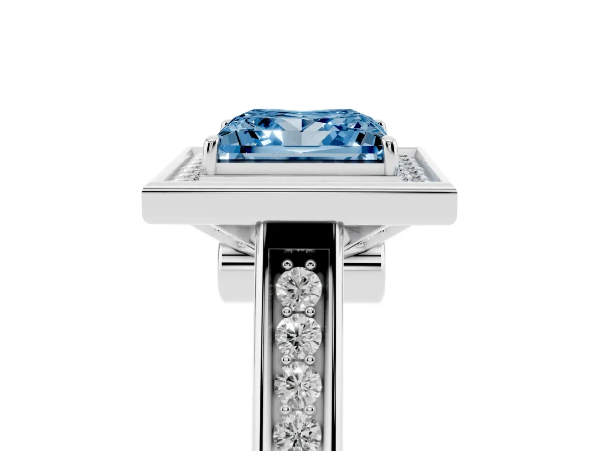 Fancy Blue Princess Cut Halo Solitaire Diamond Ring with Pave Band and Bezel Setting White gold