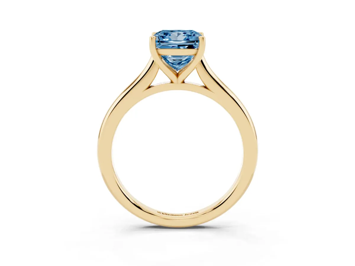 Fancy Blue Princess Cut Cut Solitaire Ring with Cathedral Band and Four-Prong Setting Yellow gold