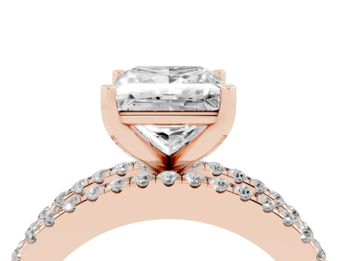 Princess Cut Diamond Solitaire Ring with Pavé and Channel Set Band Rose gold