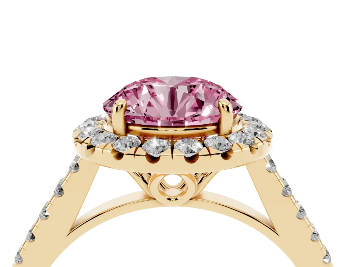 Fancy Pink Round Cut Halo Pavé Diamond Engagement Ring with Four-Prong Setting Yellow gold