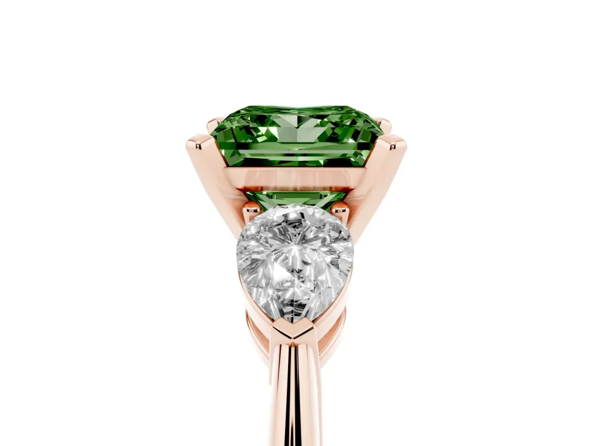 Fancy Green Three-Stone Princess Cut Diamond Ring with Pear Side Stones and Four-Prong Setting Rose gold