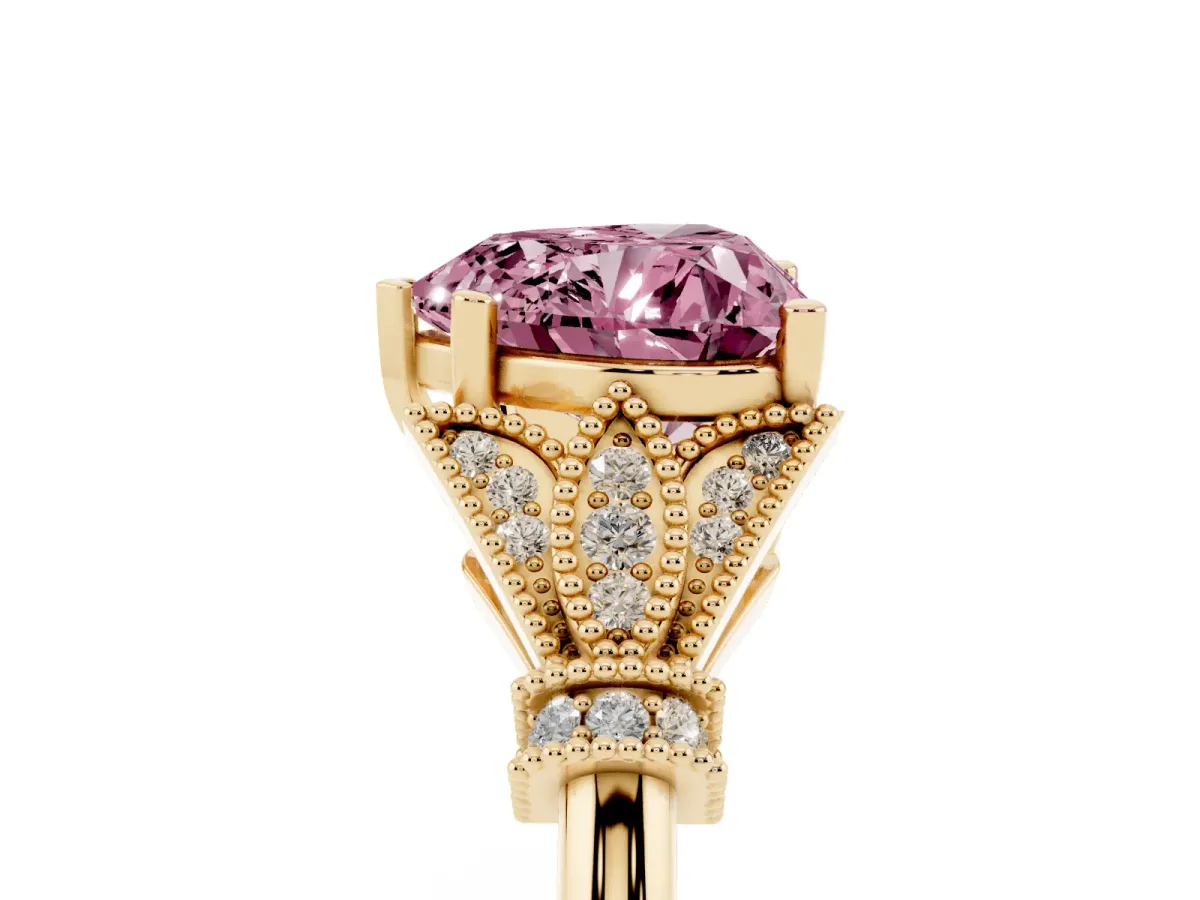 Fancy Pink Heart Cut Diamond Solitaire Ring with Floral Filigree and Pave Accents Yellow gold