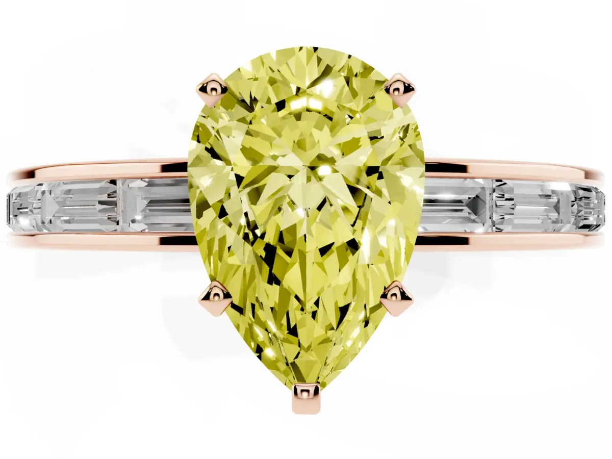 Fancy Yellow Pear Cut Solitaire Diamond Ring with Channel-Set Baguette Band and Four-Prong Setting Rose gold