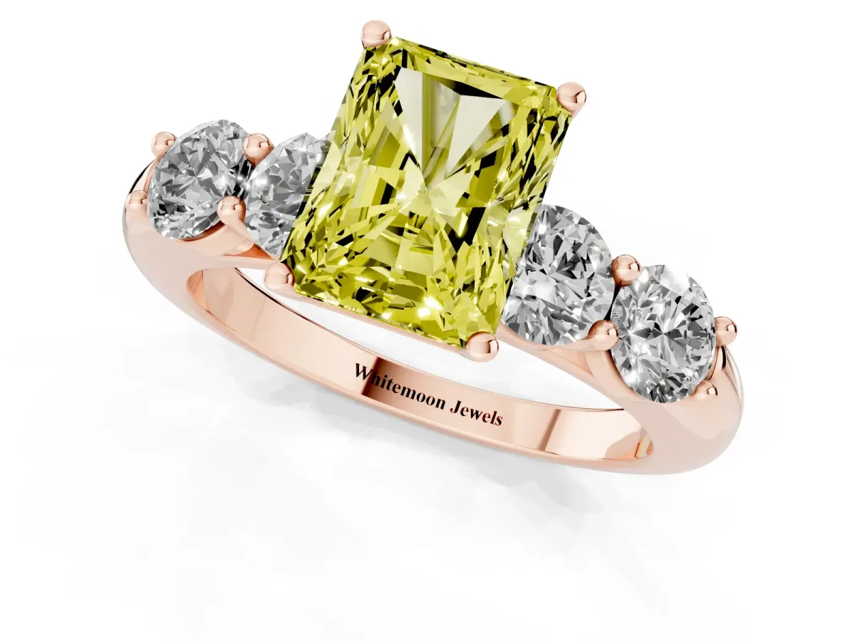 Fancy Yellow Radiant Cut Cut Five-Stone Prong Set Diamond Ring with Classic Band Rose gold