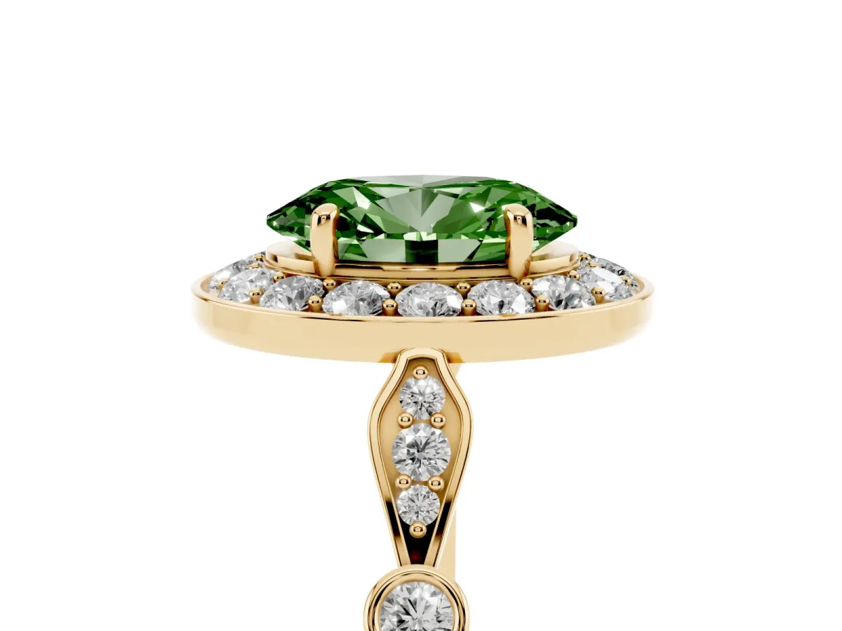 Fancy Green Oval Cut Halo Diamond Engagement Ring with Twisted Band and Four-Prong Setting Yellow gold