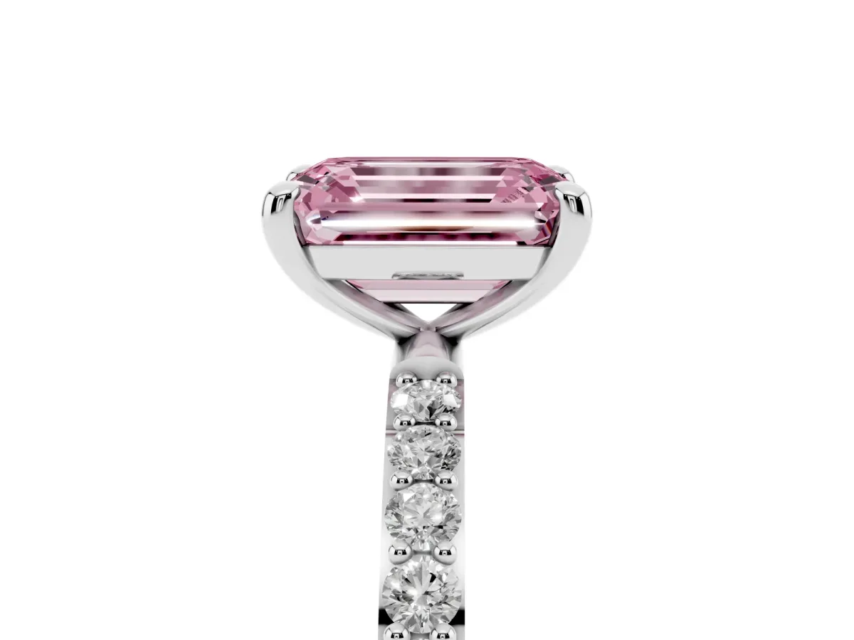 Fancy Pink Emerald Cut Diamond Solitaire Ring with Round Pavé Band and Prong Setting Silver