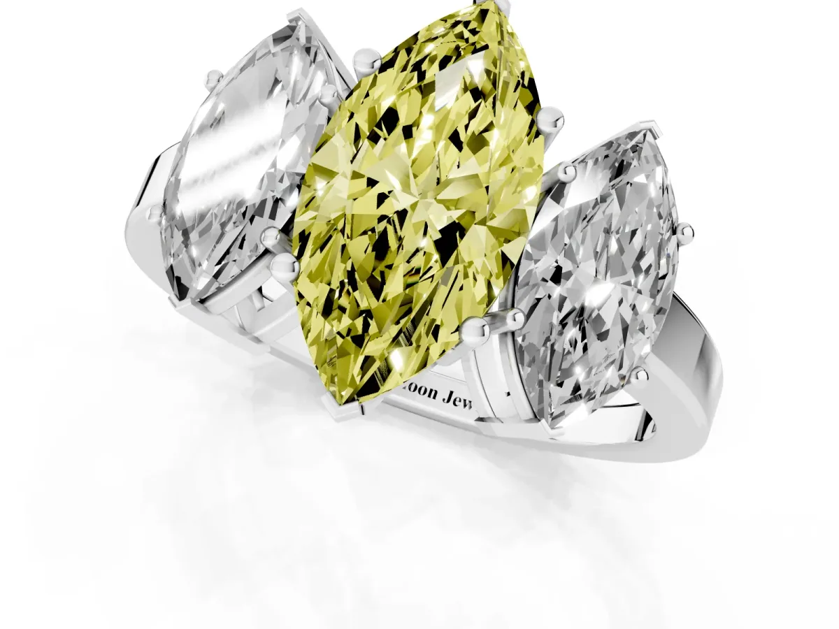 Fancy Yellow Three-Stone Marquise Cut Cut Diamond Engagement Ring with Flat Band and Four-Prong Setting Silver