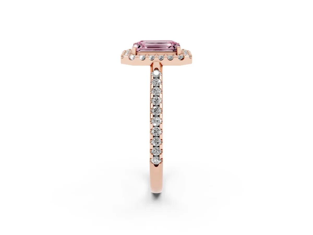 Fancy Pink Emerald Cut Diamond Pavé Halo Ring with Four-Prong Setting Rose gold
