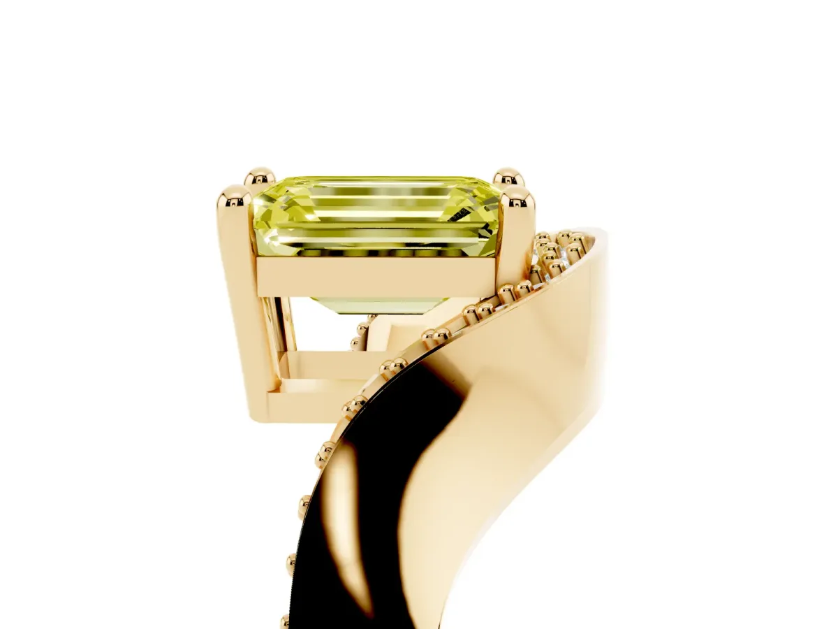 Fancy Yellow Emerald Cut Solitaire Diamond Engagement Ring with Pave Band and Four-Prong Setting Yellow gold