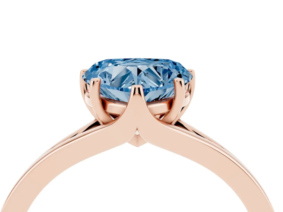 Fancy Blue Heart Cut Solitaire Diamond Ring with Six-Prong Setting and Tapered Band Rose gold