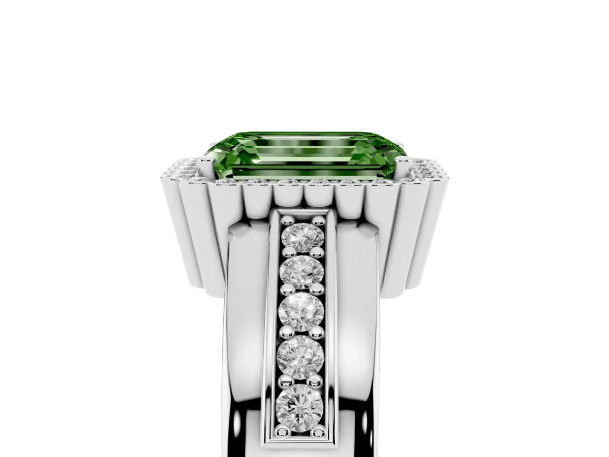 Fancy Green Emerald Cut Cut Halo Pave Band Four-Prong Ring Silver