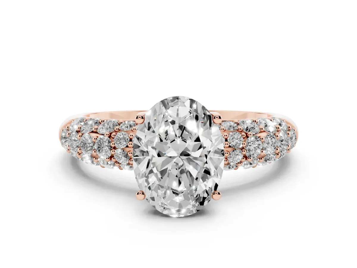 Oval Cut Diamond Pavé Band Solitaire Ring with Four-Prong Setting Rose gold