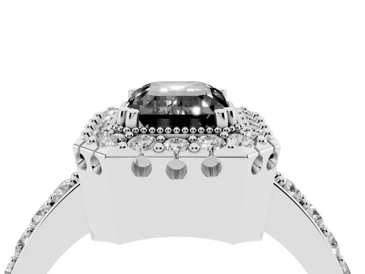 Fancy Black Emerald Cut Diamond Halo Ring with Pavé Band and Prong Setting Silver