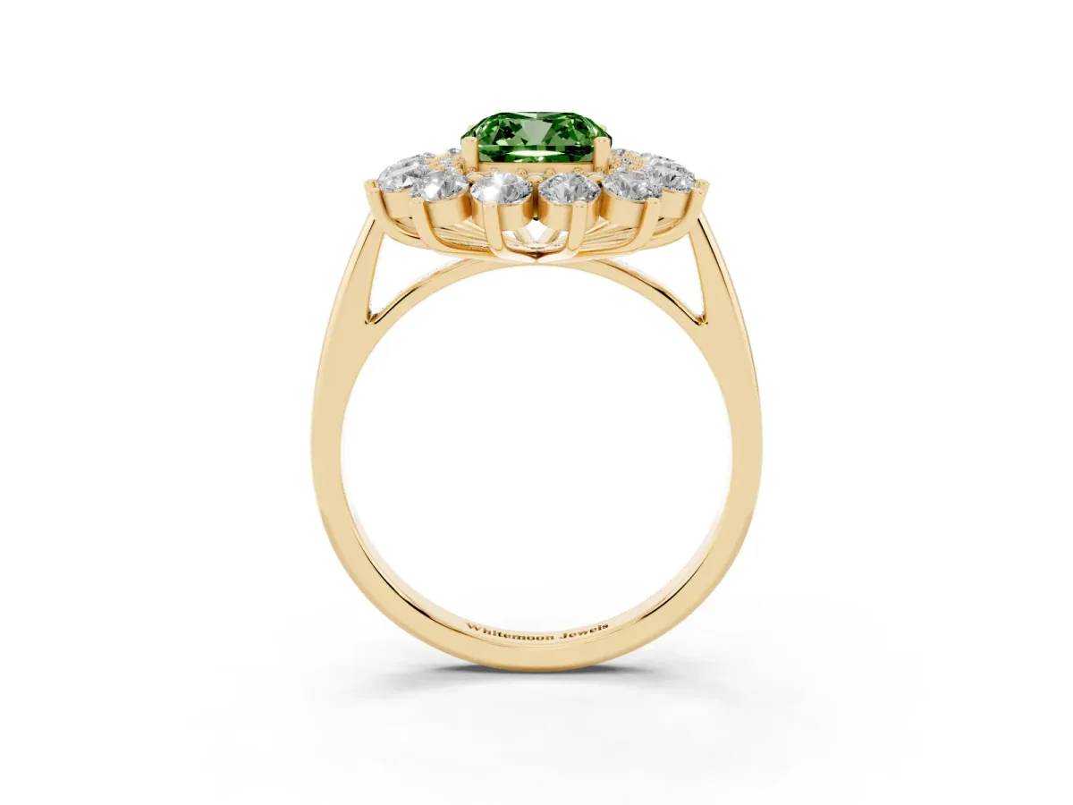 Fancy Green Cushion Cut Diamond Floral Double Halo Engagement Ring with Prong Setting Yellow gold