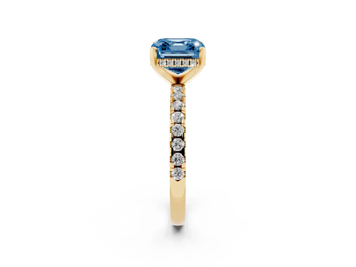 Fancy Blue Asscher Cut Diamond Solitaire Ring with Round Pavé Band and Four-Prong Setting Yellow gold
