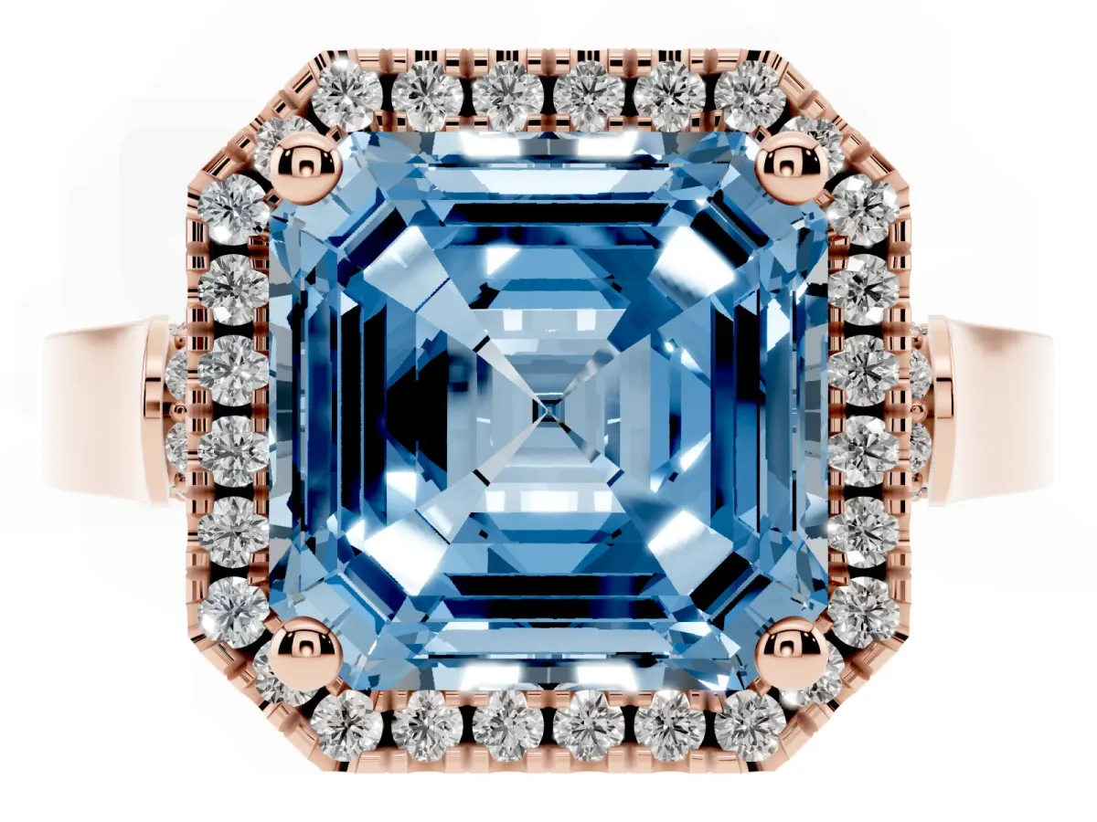 Fancy Blue Asscher Cut Halo Pave Split Shank Prong Setting Ring Rose gold